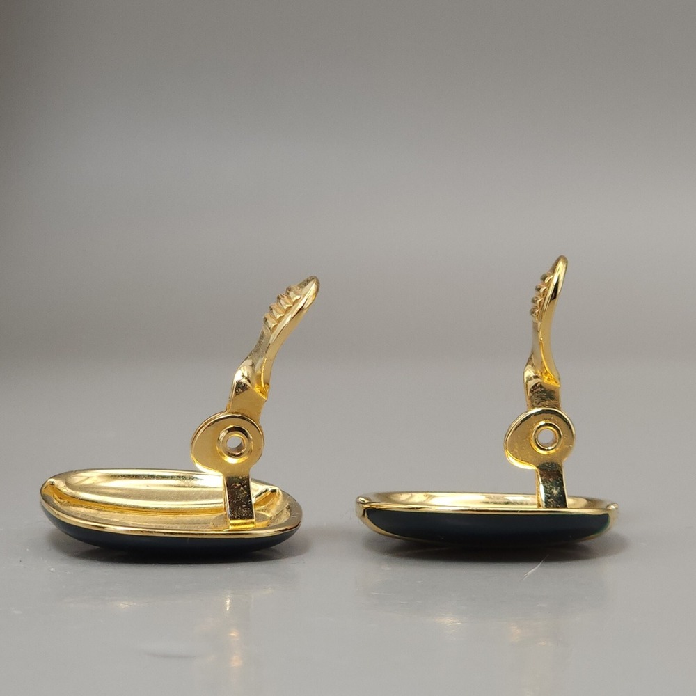 Monet Vintage Black Enamel & Gold Stripe Square‎  Button Clip On Earrings 7/8 In - Picture 5 of 11
